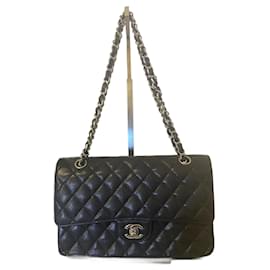 Chanel-Chanel Classic Timeless Medium Quilted Black Caviar Leather Double Flap with Silver Hardware-Black,Silver hardware