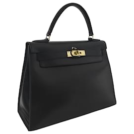 Hermès-Sac Hermes Kelly 28 Sellier en cuir box Noir-Noir