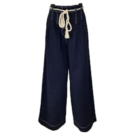 Autre Marque-Ulla Johnson Azul Marinho / Calças de perna larga de algodão com costura em contraste branco e cinto de corda-Azul
