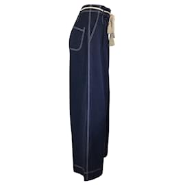 Autre Marque-Ulla Johnson Navy Blue / White Contrast Stitching Rope Belt Cotton Wide Leg Pants-Blue