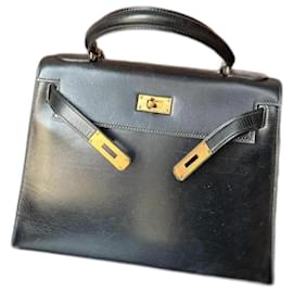 Hermès-Kelly 28 black gold box leather-Black