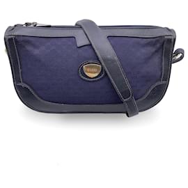 Gucci-Vintage Navy Blue Monogram Canvas Leather Shoulder Bag-Blue