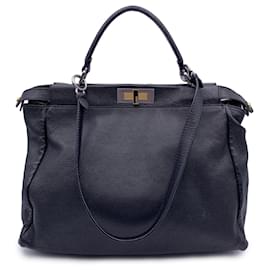 Fendi-Black Leather Large Peekaboo Tote Top Handle Shoulder Bag-Black