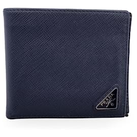 Prada-Porte-monnaie portefeuille à deux volets en cuir Saffiano bleu-Bleu