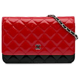 Chanel-Chanel Red Bicolor CC Patent Wallet on Chain-Black,Red