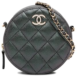 Chanel-Grüne gesteppte, schillernde, runde Caviar-Clutch von Chanel mit Kette-Grün,Dunkelgrün