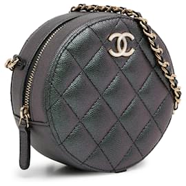 Chanel-Chanel Green Quilted Iridescent Caviar Round Clutch With Chain-Green,Dark green