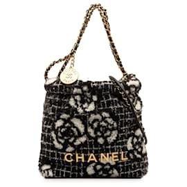 Chanel-Chanel Mini Tweed Preto Camélia 22 Sacola-Preto