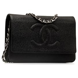 Chanel-Portafoglio Chanel CC Caviar nero su catena-Nero
