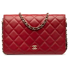 Chanel-Portefeuille Chanel en cuir d'agneau rouge CC avec perles sur chaîne-Rouge