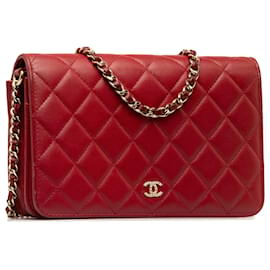 Chanel-Portefeuille Chanel en cuir d'agneau rouge CC avec perles sur chaîne-Rouge