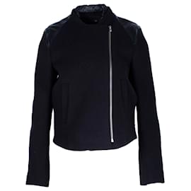 Maje-Maje Asymmetric Zip Leather-Trimmed Jacket in Black Wool-Black