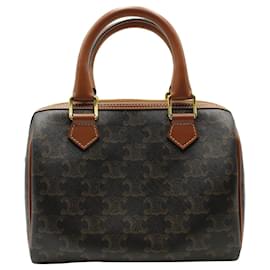 Céline-Celine Small Boston Bag in Brown Triomphe Canvas and Calfskin Leather-Brown