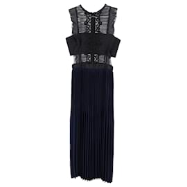 Self portrait-Self-Portrait Sleeveless Pleated Lace Dress in Navy Blue Polyester-Navy blue