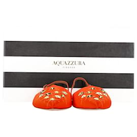 Aquazzura-Aquazzura Studded Accents Slingback Flats in Orange Satin-Orange