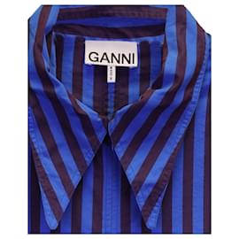 Ganni-Ganni Gathered Striped Mini Dress in Blue Cotton-Blue