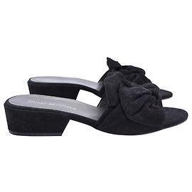 Stuart Weitzman Bow Block-Heel Slides in Black Suede Black