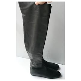 Chanel-CHANEL Black leather thigh-high boots size 41 GOOD CONDITION-Black
