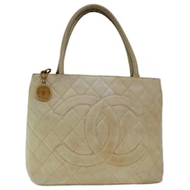 Chanel-CHANEL Tote Bag Lamb Skin Beige CC Auth bs12535-Beige