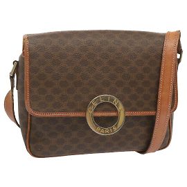 Céline Bolsa de ombro em lona de macadame CELINE PVC couro marrom Auth 68506 Marrom