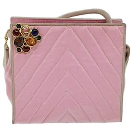 Chanel-CHANEL V Stitch Stone Shoulder Bag Canvas Pink CC Auth bs12895-Pink