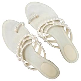 Chanel-Chanel Ivory Pearl Embelished Leather Mule Sandals Flip Flops-Beige