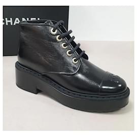Chanel-Chanel Black Shiny Calfskin Pearl Lace-Up Combat Short Boots-Black