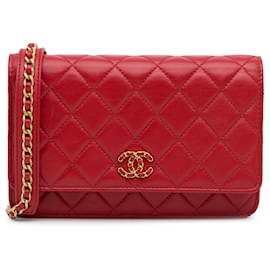 Chanel-Chanel piel de cordero acolchada roja 19 Monedero en Cadena-Roja