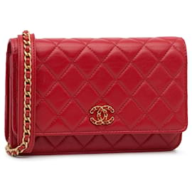 Chanel-Chanel piel de cordero acolchada roja 19 Monedero en Cadena-Roja