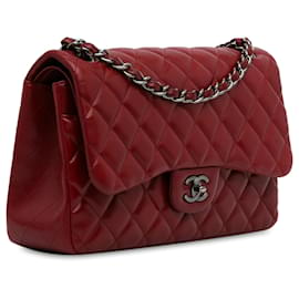 Chanel-Chanel Red Jumbo Classic Lambskin Double Flap-Red,Dark red
