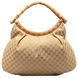Gucci-Gucci Brown GG Canvas Bamboo Studded Handbag-Brown,Beige