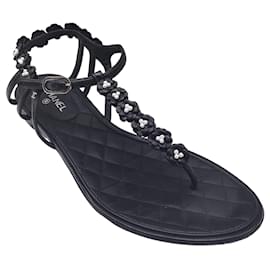 Autre Marque-Chanel Black Pearl Embellished Camellia Flat Leather Sandals-Black
