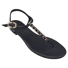 Autre Marque-Chanel preto / Sandálias planas de couro com detalhe de corrente dourada-Preto