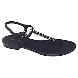 Autre Marque-Chanel black / Gold Chain Detail Flat Leather Sandals-Black