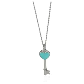 Tiffany & Co-TIFFANY & CO. Ciondolo con chiave smaltata a forma di cuore blu in argento sterling-Argento,Metallico