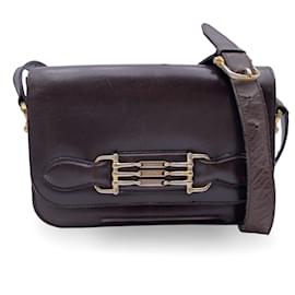 Céline-Bolsa de ombro com aba em caixa de couro marrom escuro vintage-Marrom