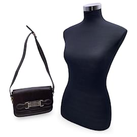 Céline-Bolsa de ombro com aba em caixa de couro marrom escuro vintage-Marrom