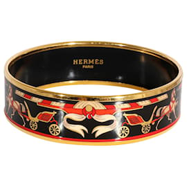 Hermès-Hermès Plated Black Background Enamel Wide Bracelet with Calache Design (62mm)-Golden,Metallic
