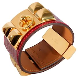 Hermès-Hermès Goldfarbenes Collier De Chien-Armband aus fuchsiafarbenem Alligator-Metallisch