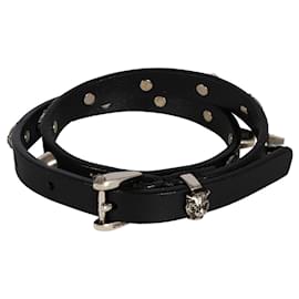 Gucci-Gucci Black Leather lined Wrap Bracelet with Feline Heads & Studs-Metallic