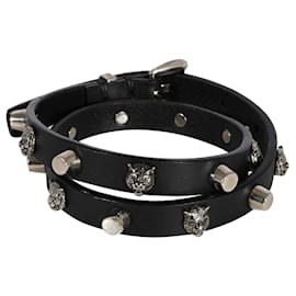 Gucci-Gucci Black Leather Double Wrap Bracelet with Feline Heads & Studs-Metallic