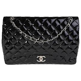 Chanel-Chanel Black Quilted Patent Leather Maxi Classic lined Flap Bag-Black