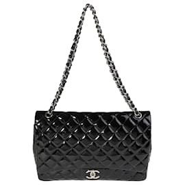 Chanel-Chanel Black Quilted Patent Leather Maxi Classic Double Flap Bag-Black