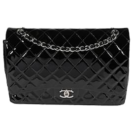Chanel-Chanel Black Quilted Patent Leather Maxi Classic lined Flap Bag-Black