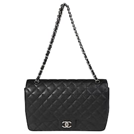 Chanel-Chanel Black Quilted Caviar Maxi Bolso con solapa con forro clásico-Negro