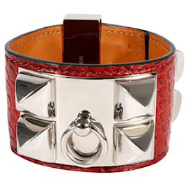 Hermès-Hermès Collier De Chien Dark Red Crocodile Leather Bracelet-Metallic
