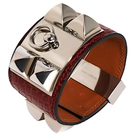 Hermès-Hermès Collier De Chien Bracelet en cuir de crocodile rouge foncé-Métallisé