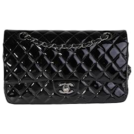 Chanel-Chanel Black Quilted Patent Leather Medium Classic lined Flap Bag-Black