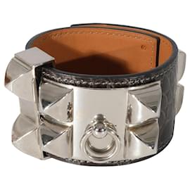 Hermès-Hermès Collier De Chien Bracelet in Chocolate Alligator Palladium Plated Hardwar-Metallic