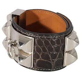 Hermès-Hermes Collier De Chien Bracelet in Chocolate Alligator Palladium Plated Hardwar-Metallic